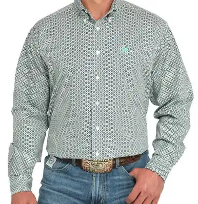 Cinch® Men's L/S White/Turquoise Quilt Print Button Shirt - Mens