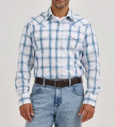 Wrangler Retro® Men's L/S White/Blue Plaid Modern Fit Snap Shirt - Mens