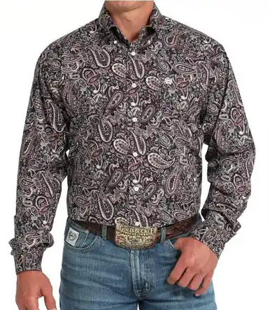 Cinch® Men's L/S Black/Pink Paisley Button Shirt - Mens
