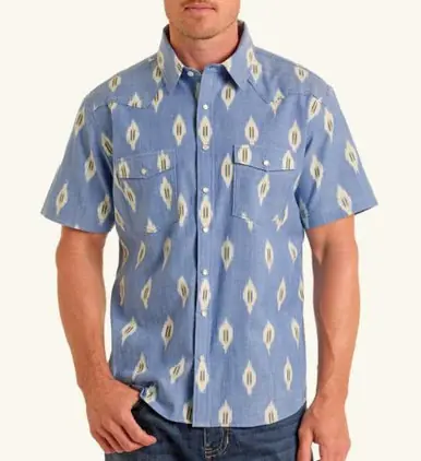 Panhandle Slim® Men's S/S Blue Modern Vintage Ikat Print Snap Shirt - Mens