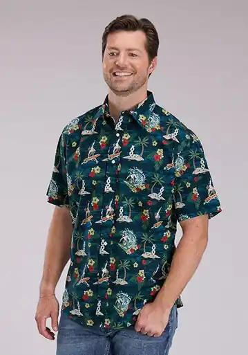Roper® Men's S/S Blue Hawaiian Cowboy Snap Shirt - Mens
