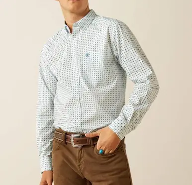 Ariat® Men's L/S Stearns White/Blue Print Fitted Button Shirt - Mens