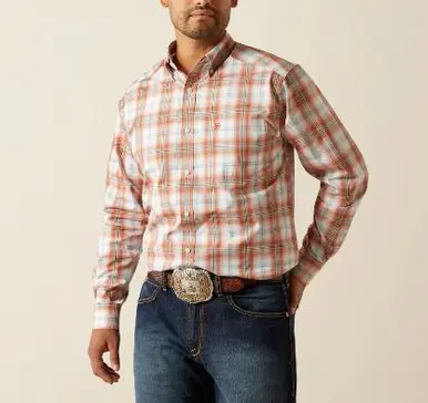 Ariat® Men's L/S Orange Plaid Pro Series Classic Fit Button Shirt - Mens