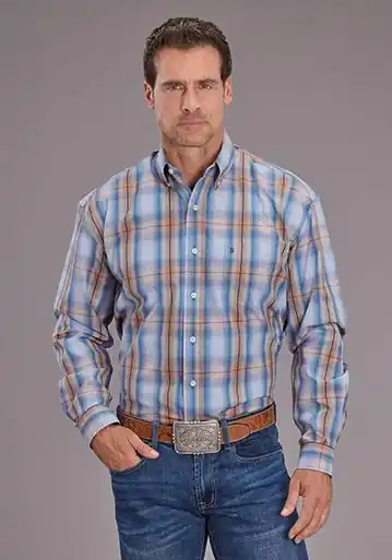 Stetson® Men's L/S Blue/Tan Plaid Button Shirt - Mens