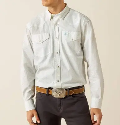 Ariat® Men's L/S Wilbur White/Light Blue Print Classic Fit Snap Shirt - Mens