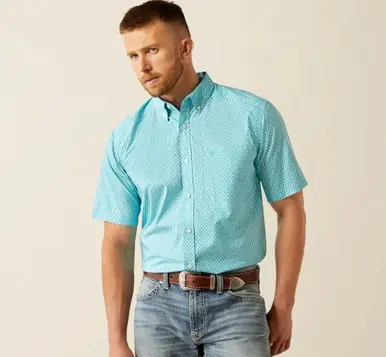 Ariat® Men's S/S Westin Turquoise/White Diamond Print Classic Fit Button Shirt - Mens