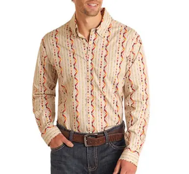 Rock & Roll Denim® Men's L/S Tan Aztec Print Button Shirt - Mens