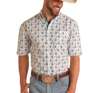 Panhandle Rough Stock® Men's S/S White/Turquoise/Brown Aztec Print Button Shirt - Mens