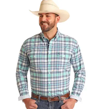 Panhandle Slim® Men's L/S White/Navy/Turquoise Plaid Button Shirt - Mens