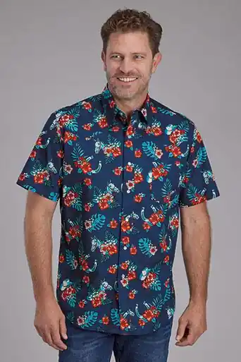 Roper® Men's S/S Blue Tropical Print Pearl Snap Shirt - Mens