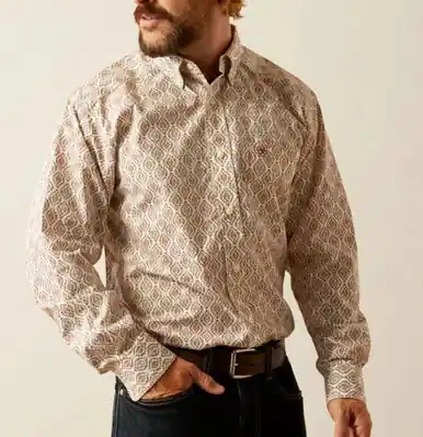 Ariat® Men's L/S Greely Cream/Burgundy Print Classic Fit Button Shirt - Mens