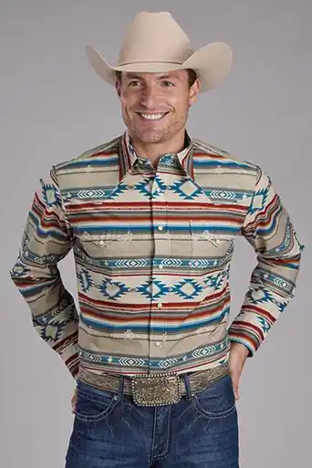 Roper® Men's L/S Tan/Turquoise Aztec Print Snap Shirt - Mens