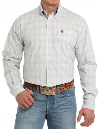 Cinch® Men's L/S White/Light Grey Plaid Button Shirt - Mens