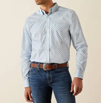 Ariat® Men's L/S Booker Blue Print WF Fitted Button Shirt - Mens
