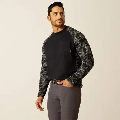Ariat® Men's L/S Black/Grey Camo FR Stretch Baseball T-Shirt