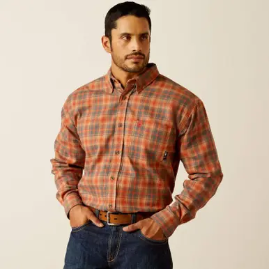 Ariat® Men's L/S Khaki/Orange Plaid FR Olympic Button Work Shirt - Mens