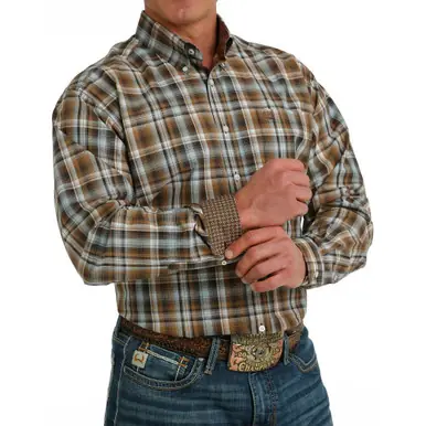 Cinch® Men's L/S Brown/Light Blue Plaid Button Shirt - Mens