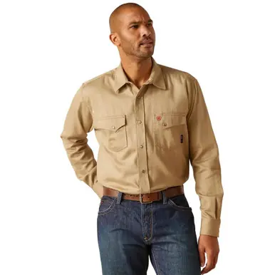 Ariat® Men's L/S Solid Khaki FR Snap Work Shirt - Mens