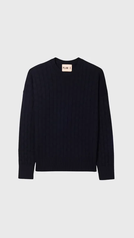 Plan C Checked Pattern Crewneck Knit in Dark Blue