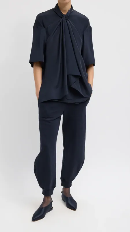 Tibi 4 Ply Silk Tie Front Top in Dark Navy