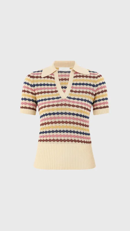 Zimmermann Awaken Scallop Knit Polo in Multi Stripe