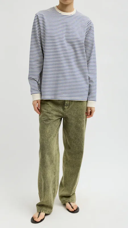Tibi Striped Perfect Long Sleeve T Crew Blue/White Multi