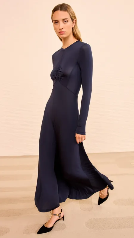 Ulla Johnson Naia Long Sleeve Ruched Dress in Midnight