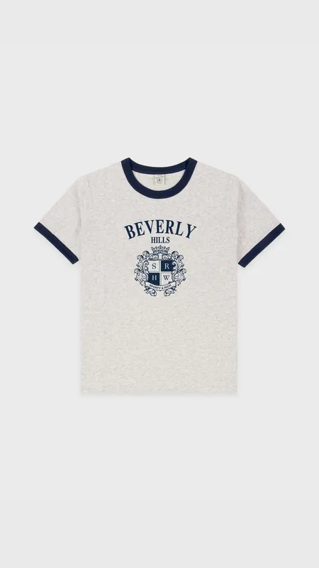 Sporty & Rich BH Crest Soft Ringer Tee in Heather Gray/Navy