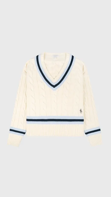 Sporty & Rich SRC Cableknit V-Neck Sweater in Ecru/Navy/Ciel