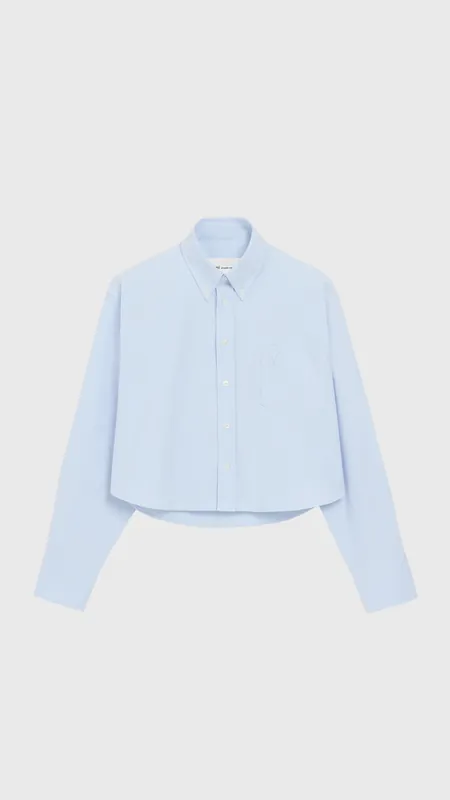 Ami Cotton Cropped Embossed Ami De Coeur Shirt in Sky Blue