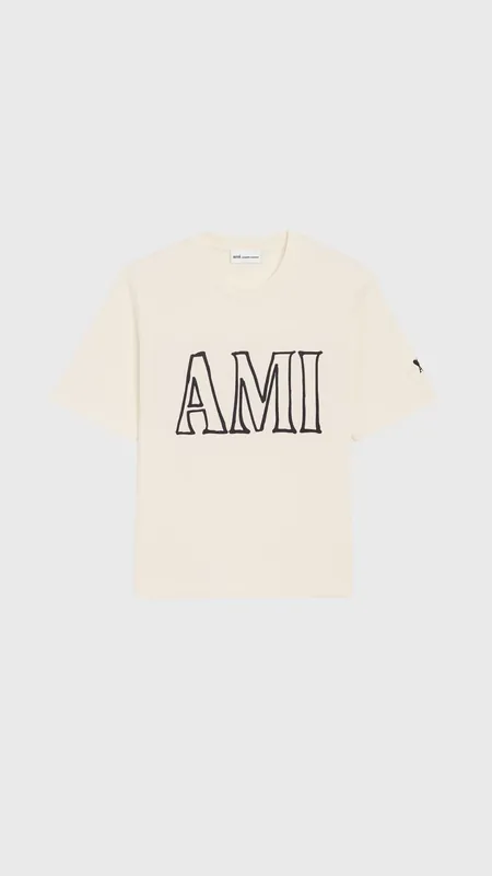 AMI Short Sleeve Cotton Ami Paris Print T-Shirt in Cream