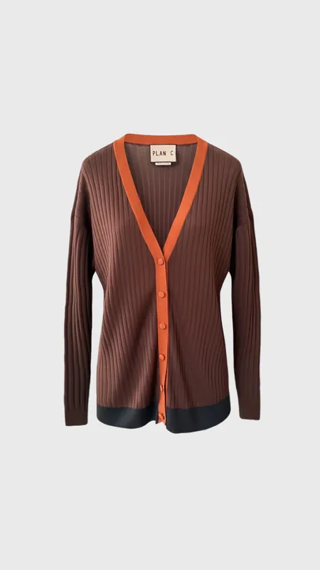 Plan C Long Sleeve Cardigan with Contrast Trim in Bordeaux