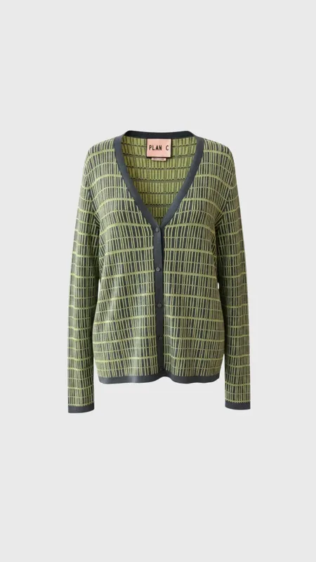 Plan C Bicolor Jacquard Cardigan in Green Plaid
