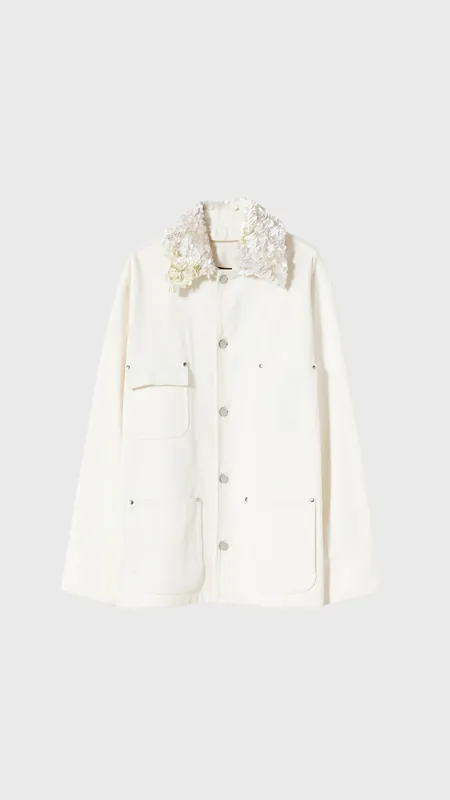 Plan C Denim Jacket With Sequin Collar in White