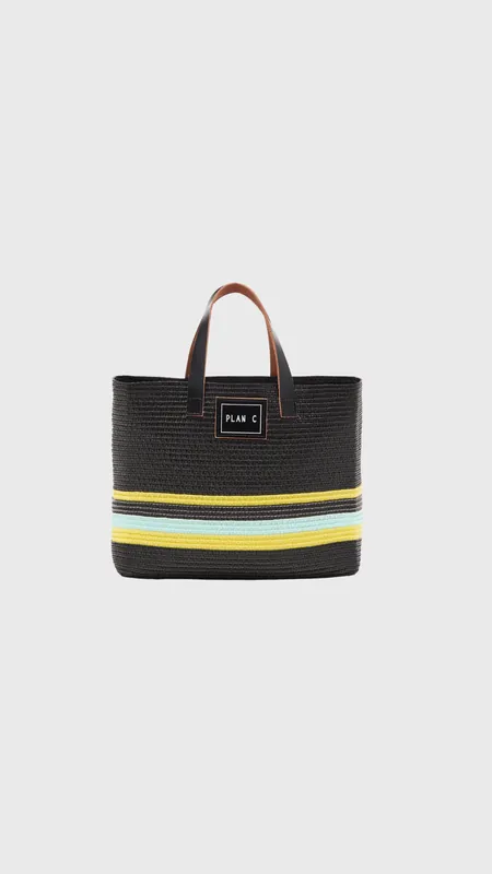Plan C Small Synthetic Straw Shopper in Black