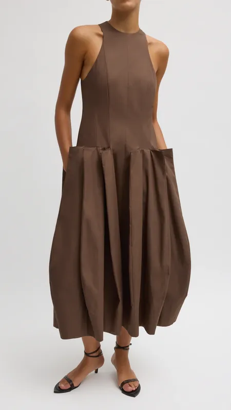 Tibi Compact Eco Poplin Pinched Pleat Dress in Sepia Brown
