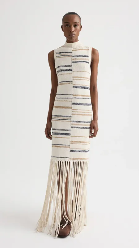 TWP Fringe Sleeveless Linen Silk Yarn Dress in Ivory Multi