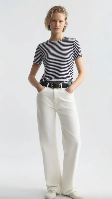 Nili Lotan Lana Crewneck Tee in White/Dark Navy