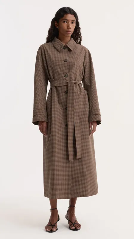 Róhe Technical Check Belted Coat in Brown Check - Rohe