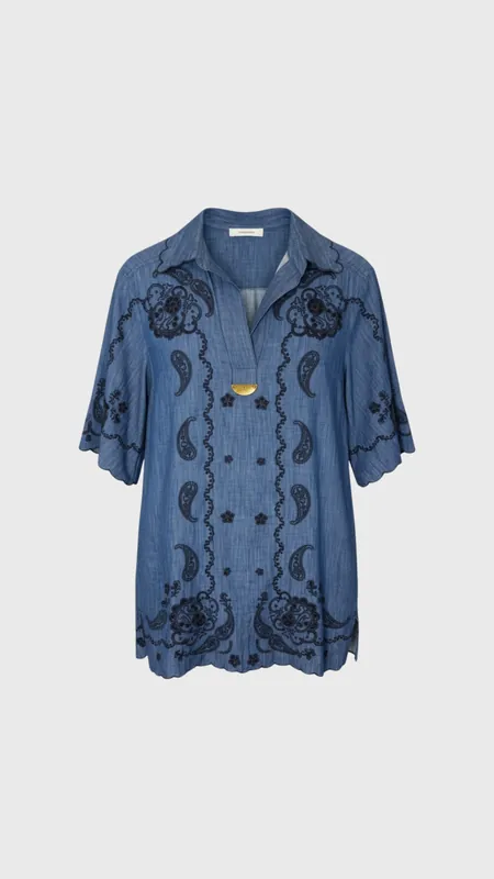 Zimmermann Aster Embroidered Denim Mini Dress in Railway Blue