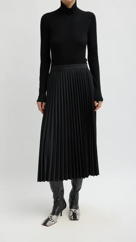 Tibi Tropical Wool Pleating Sunray Skirt in Black