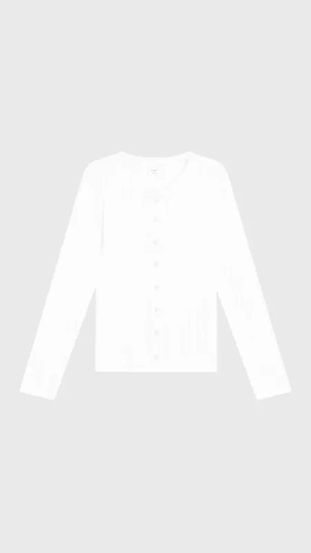 LESET Pointelle Classic Crew Cardigan in White