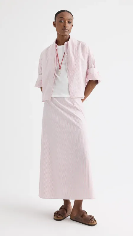 TWP Tie One On Cotton Stripes Shirt in White/Red