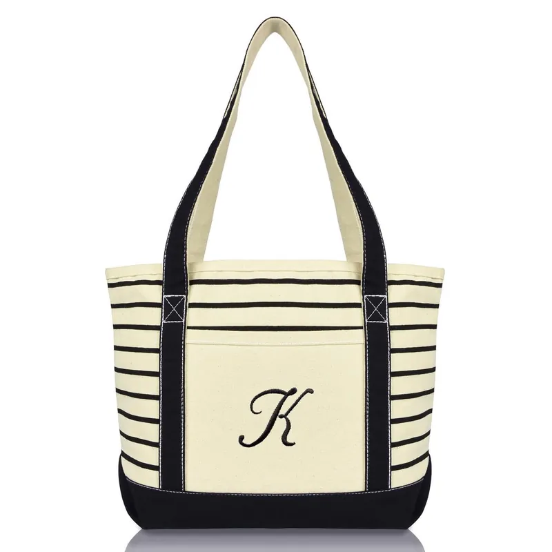 Dalix Striped K-Initial Tote Bag Womens Ballent Letter K