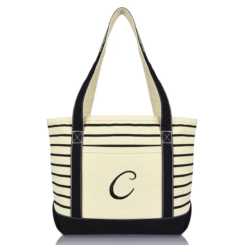 Dalix Striped C-Initial Tote Bag Womens Ballent Letter C