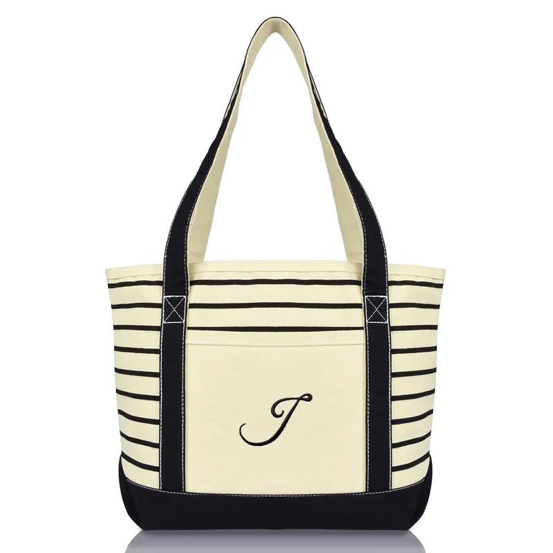 Dalix Striped J-Initial Tote Bag Womens Ballent Letter J