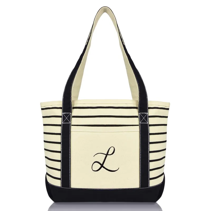 Dalix Striped L-Initial Tote Bag Womens Ballent Letter L
