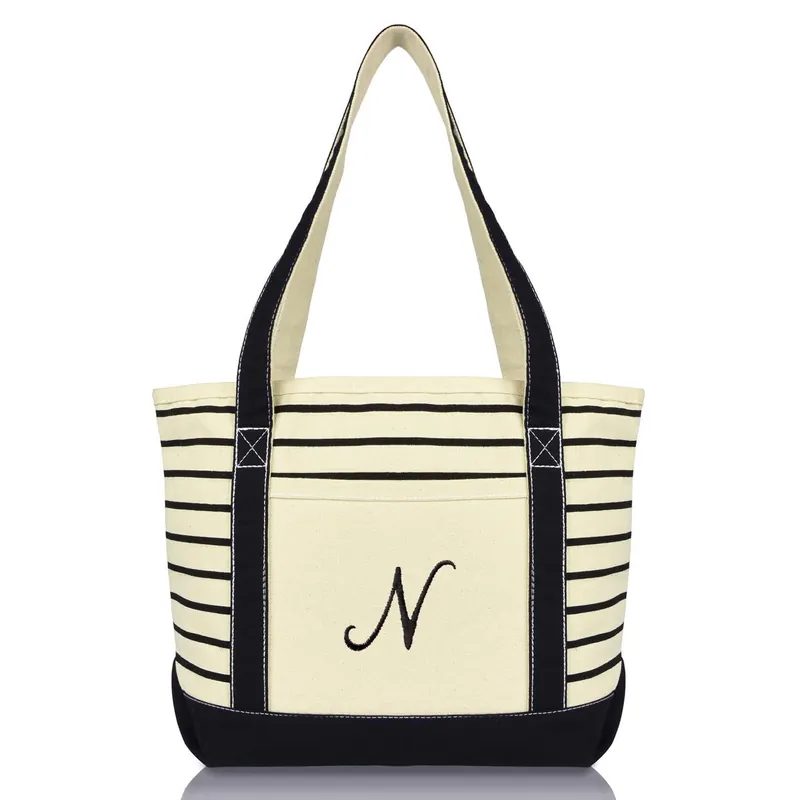 Dalix Striped N-Initial Tote Bag Womens Ballent Letter N