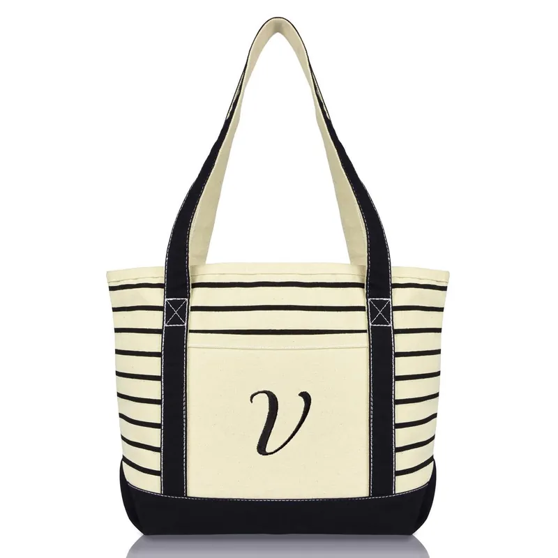 Dalix Striped V-Initial Tote Bag Womens Ballent Letter V