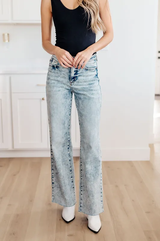High Waist Mineral Wash Raw Hem Wide Leg Jeans - Judy Blue